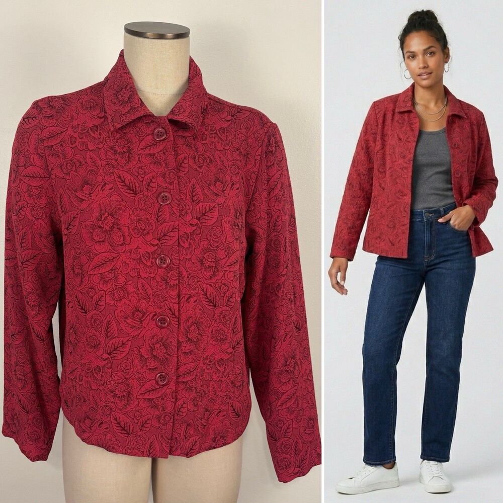 VTG Coldwater Creek Womens M Floral Jacquard Jacket Red Textured Shirt Jacket
